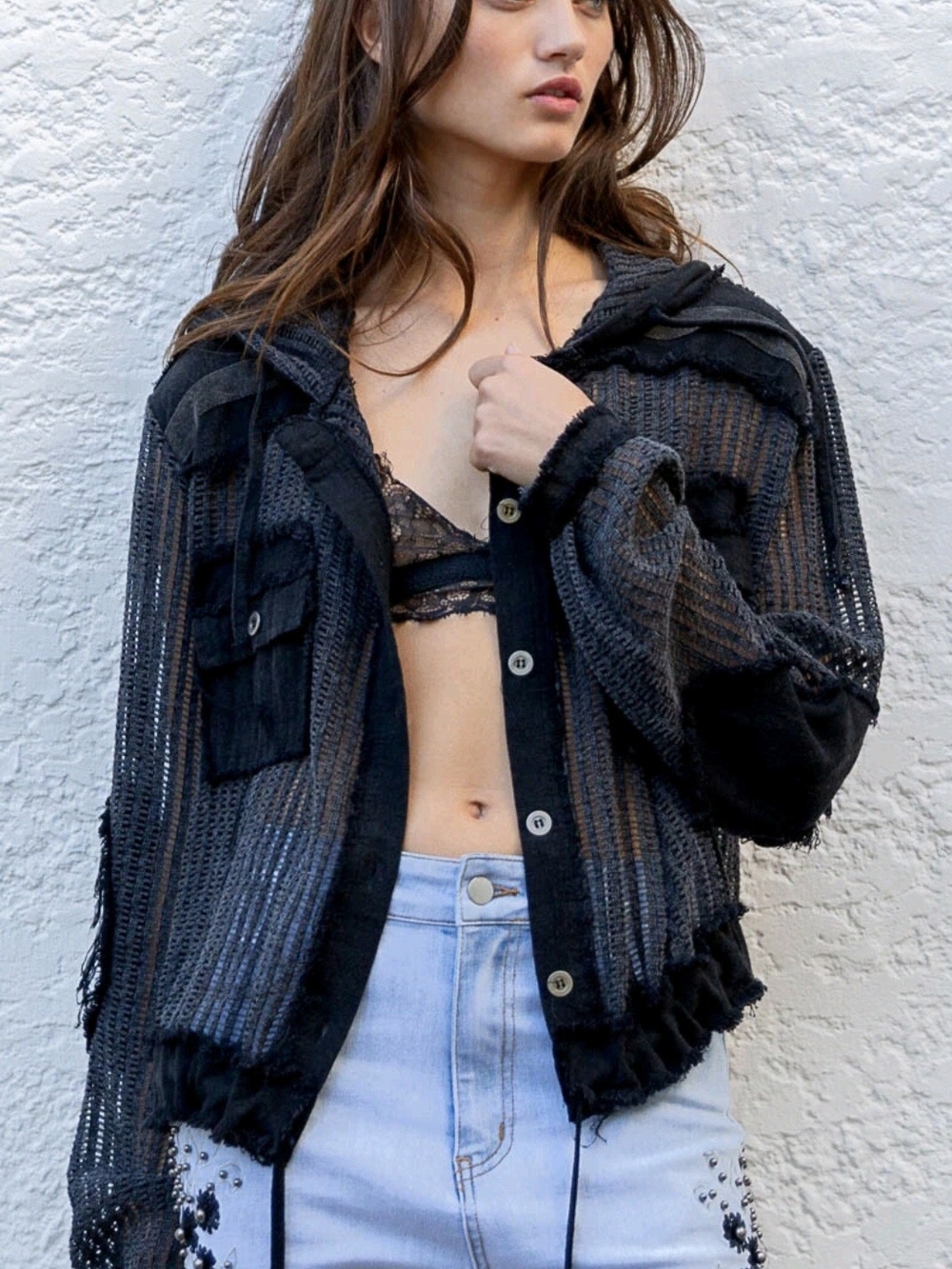 POL Black Whimsygoth Fairy Grunge Open-Knit Cardigan Shacket Hoodie Sweater